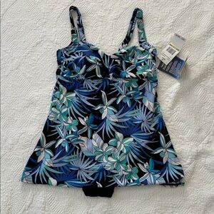 NWT Gabar Twist Bra Swimdress size 14. Black w/blues+greens. Black underlayer